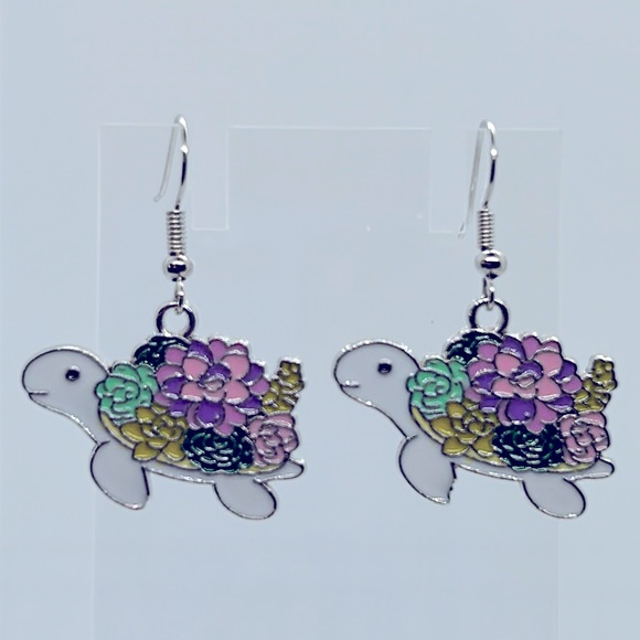 Turtles with a Succulent Plant Shell Charm Dangle Earrings - Picture 3 of 6
